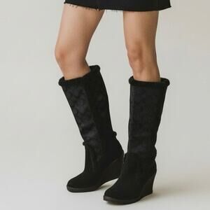 Coach Jordana Signature Suede and shearling Wedge Boots Black 7
